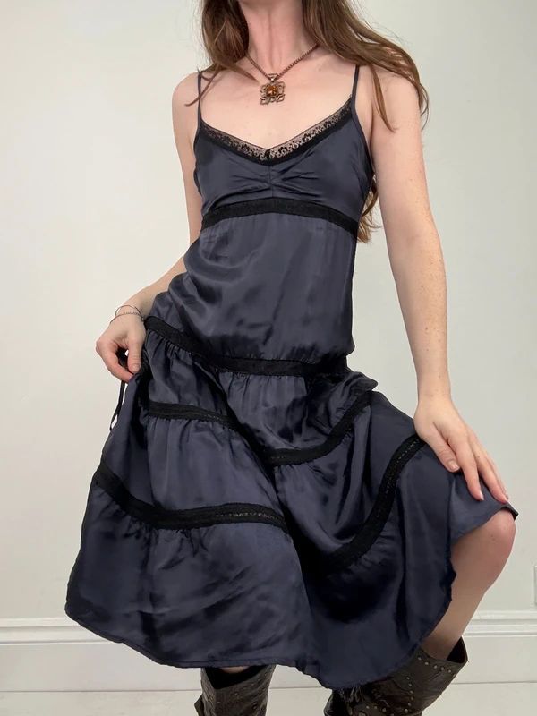 navy and lack lace flared tiered midi dress