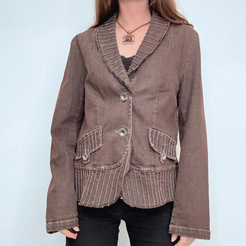 brown flared distressed pinstriped stitched jacket