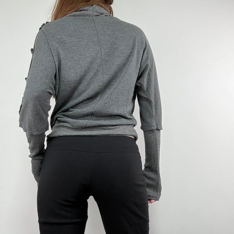 grey slouchy knit ribbed fitted jumper with button details