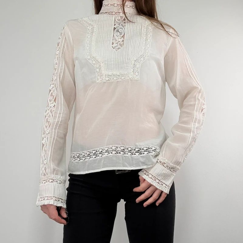white pleated lace blouse