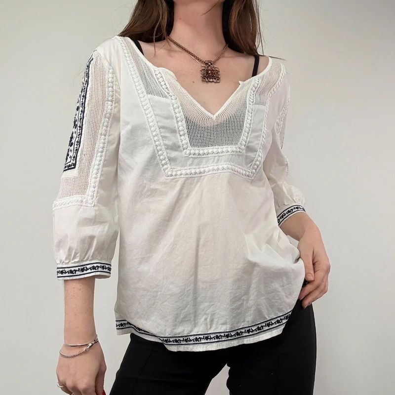 White Crochet Embroidered Cotton Blouse