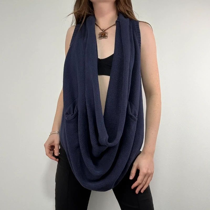 Navy knitted slouchy draped neck vest sweater