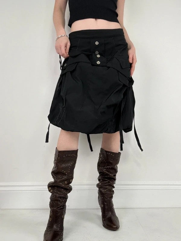 black grunge puff midi skirt