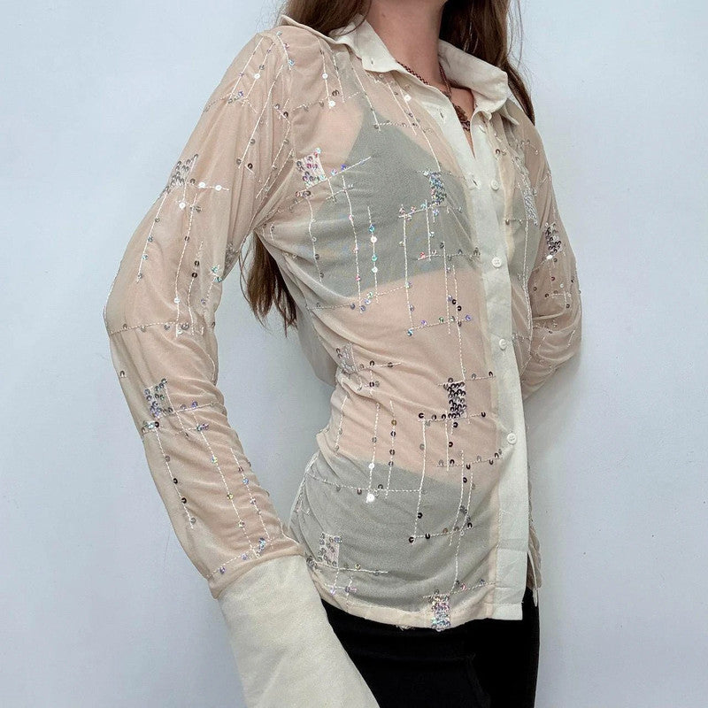 sheer mesh flared embroidered shirt
