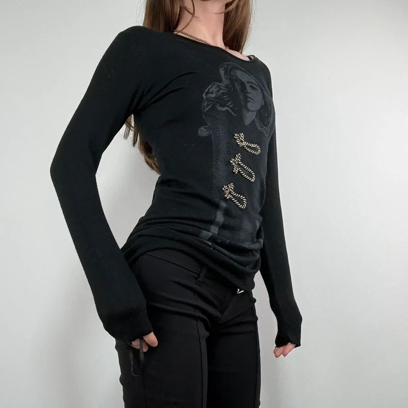 black long sleeve printed nepolion detailed t-shirt
