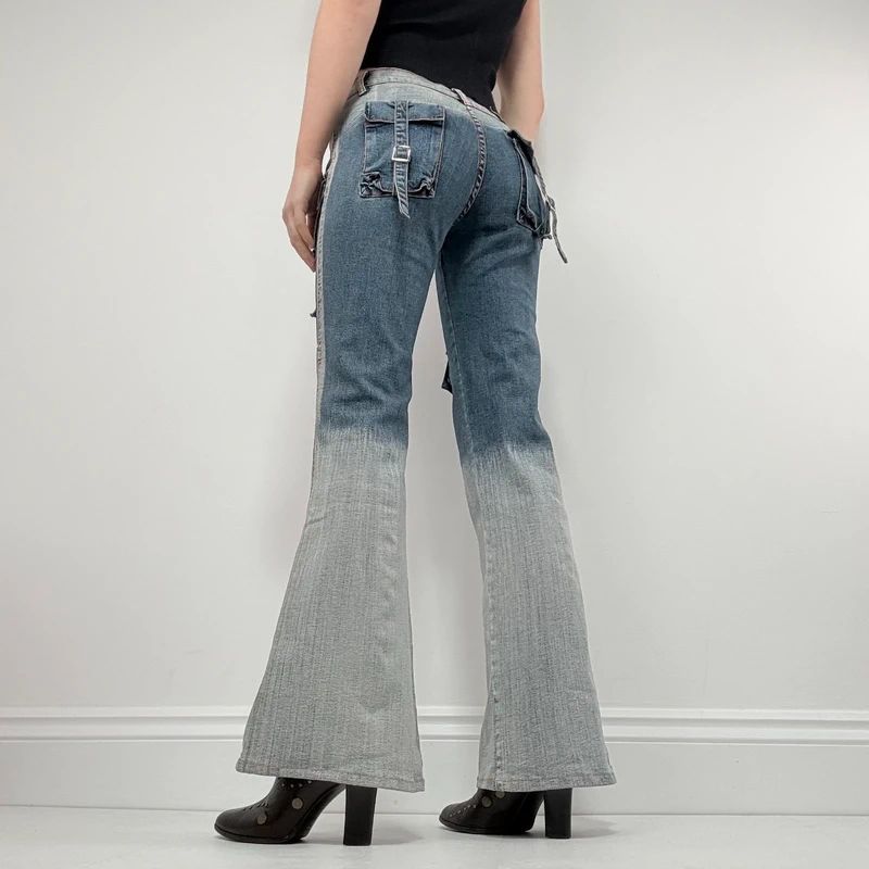 distressed fade flared jeans