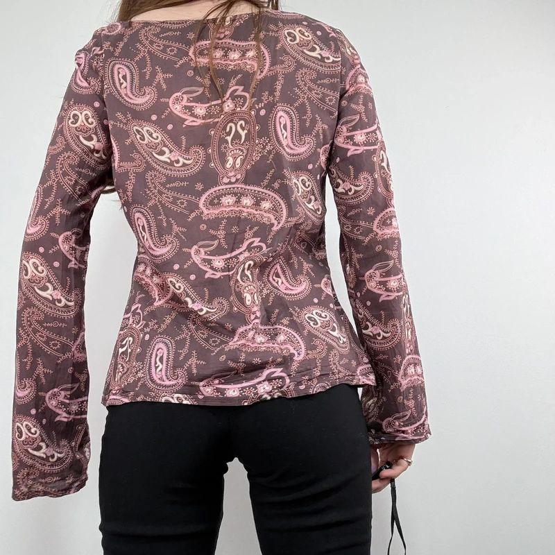 brown and pink paisley flared cotton boho shirt