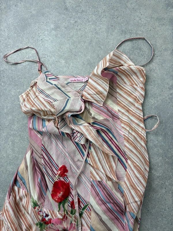 pink pinstripe flared ruffle maxi dress