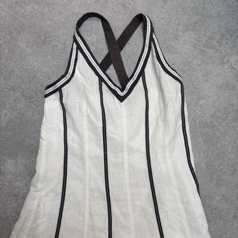 white linen flared ribbon dress