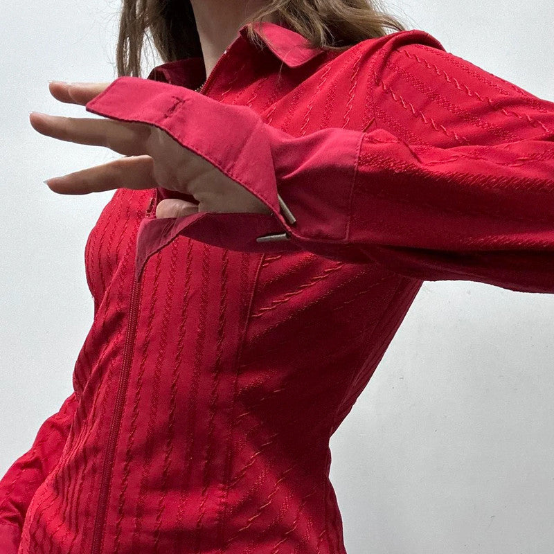 red zip up pinstripe flared shirt