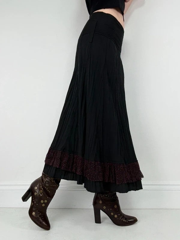 black crinkle flared pleated maxi skirt