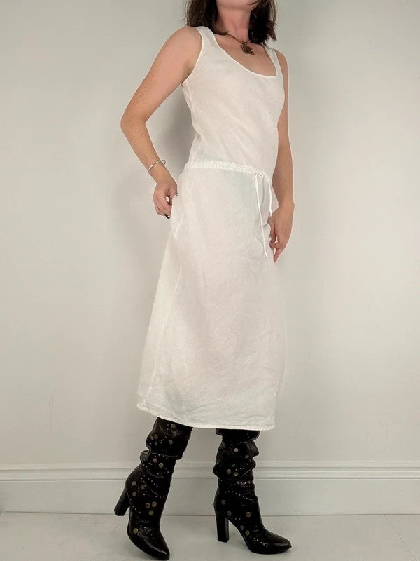 white linen bias cut drop waist maxi dress