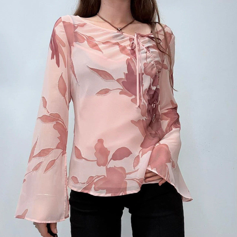 pink flared floral shirt