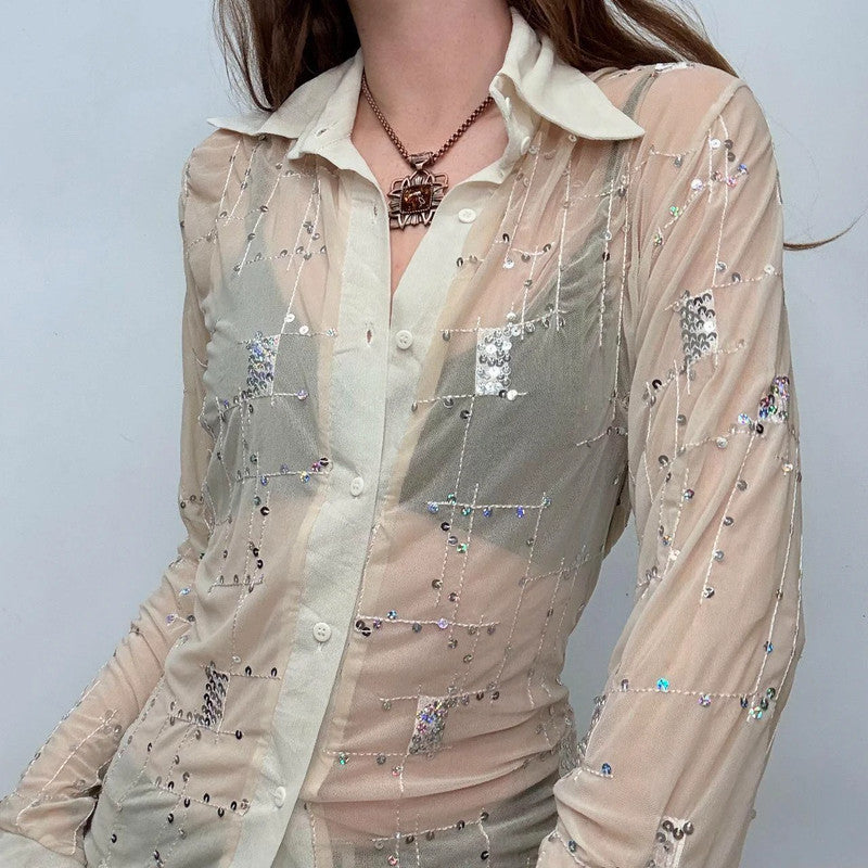 sheer mesh flared embroidered shirt