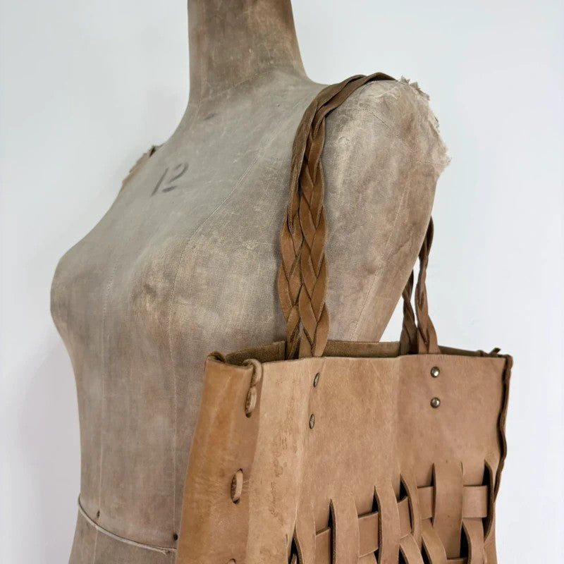 Beige leather woven distressed shoulder bag