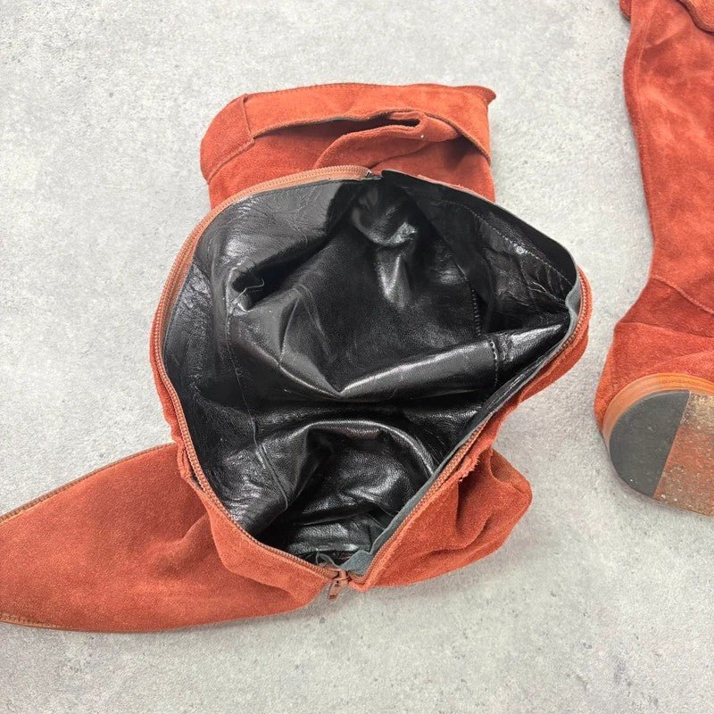 Pointed toe burnt orange suede buckle 70s boots