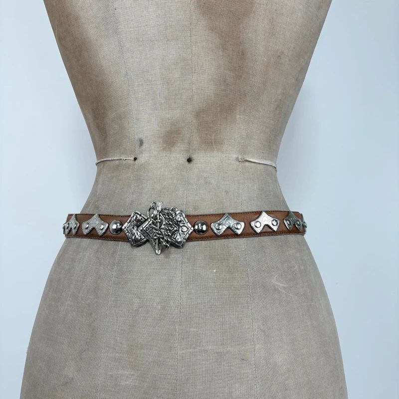 silver metal western leather belt