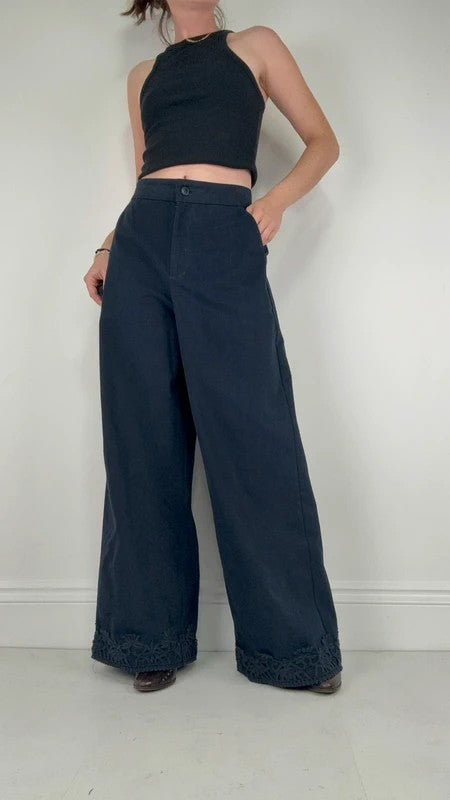 navy ultra wide leg lace hem trousers