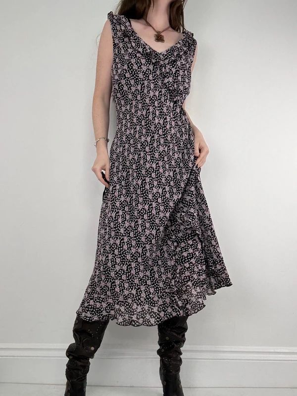 black polkadot ruffle flutter midi dress