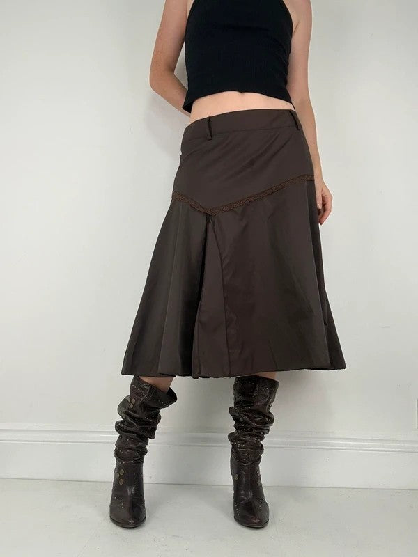 brown asymmetric waistband flared midi skirt