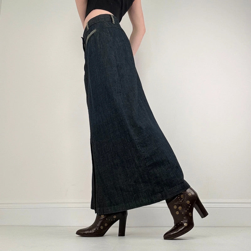 dark denim flared maxi skirt