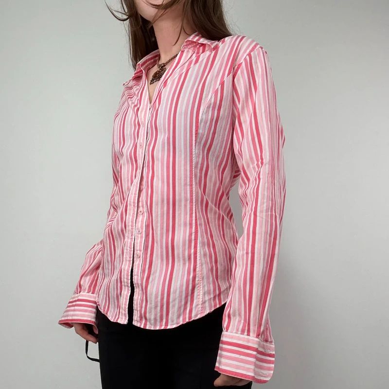 Pink Pinstripe Fitted Shirt with V-neck button style front.