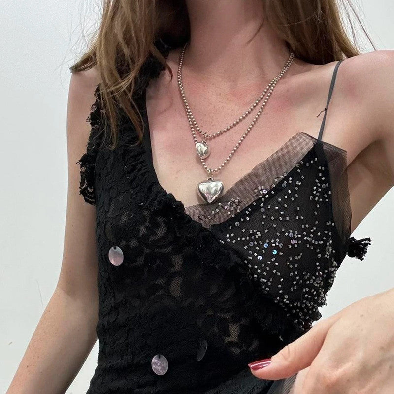 black lace beaded bias cut dress