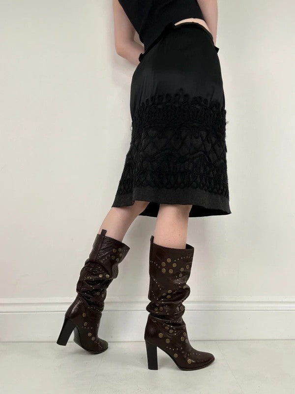 black silk embroidered napoleonic wool midi skirt