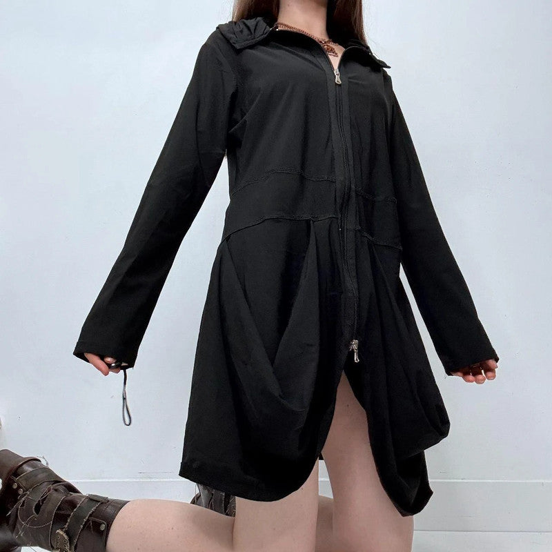 black gathered puff long sleeve dress