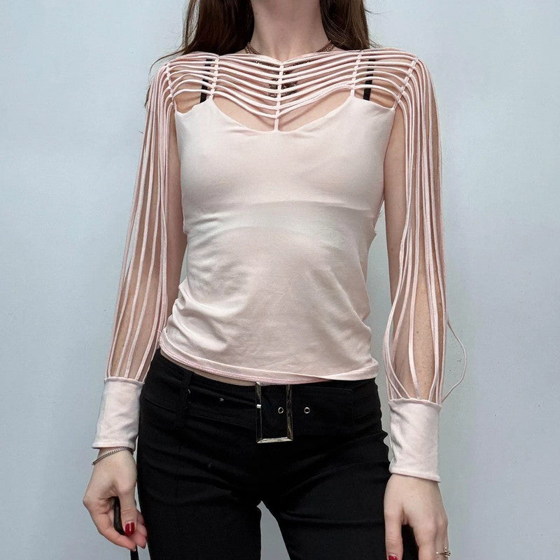 pastel pink cut-out sleeve flared shirt