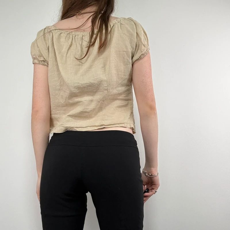 tan linen pleated button through slouchy blouse