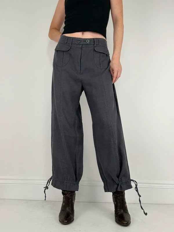 Navy linen puff leg drawstring bloomer trousers