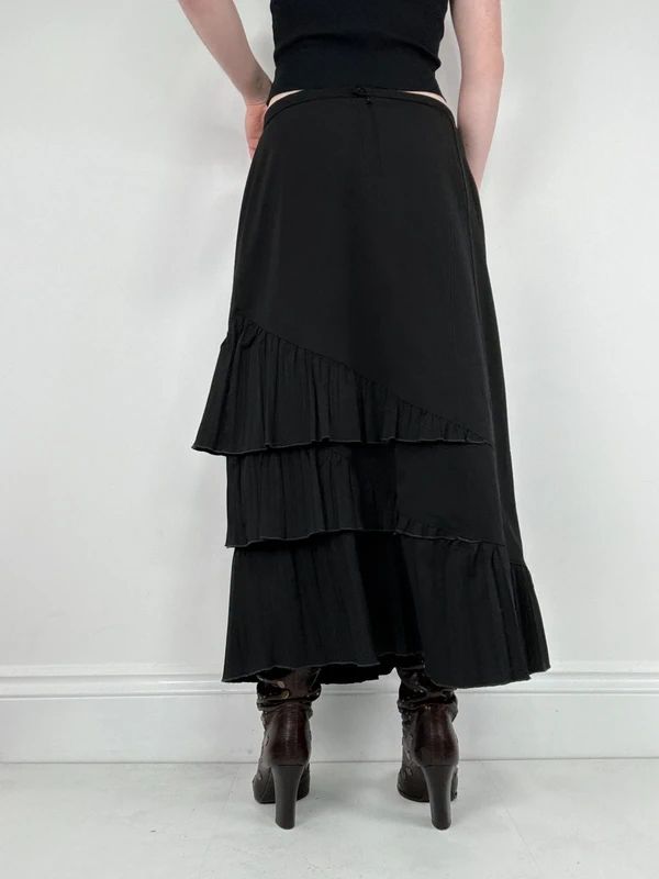 black asymmetric pleated ruffle maxi skirt