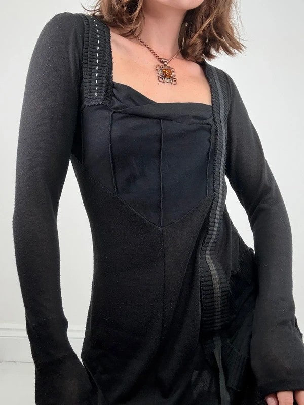 Black long sleeve french midi dress