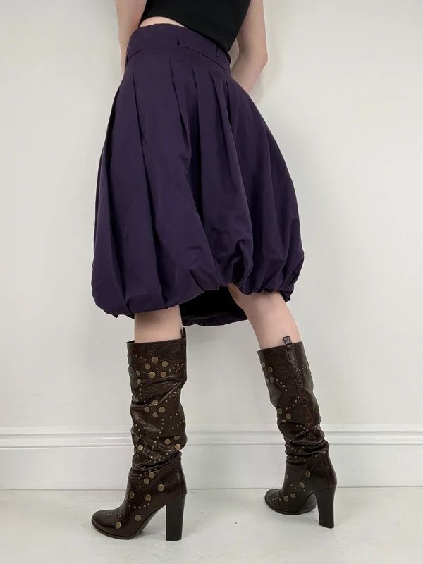 pleated puff balloon purple midi silk cotton skirt