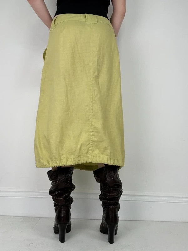 green Chartreuse 100% linen cargo grunge midi skirt