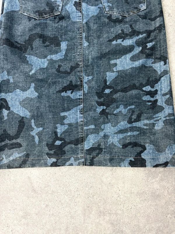dark denim camo printed midi skirt