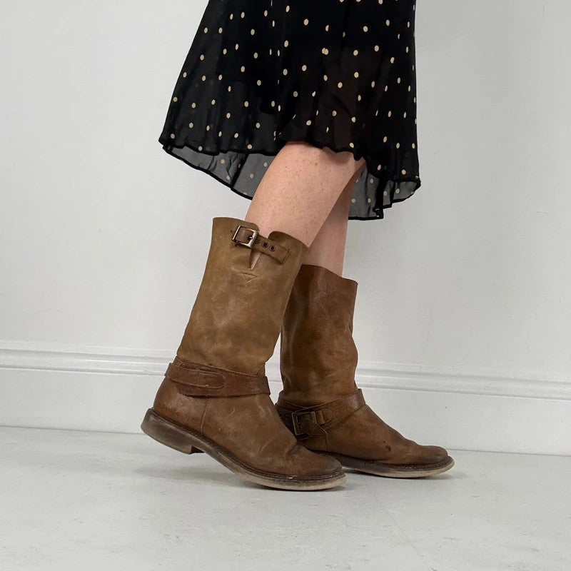 Tan leather buckle biker boots