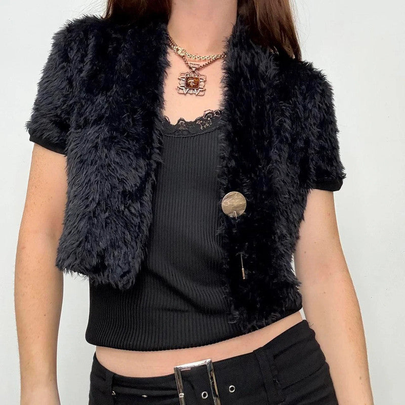 cropped black faux fur cardigan