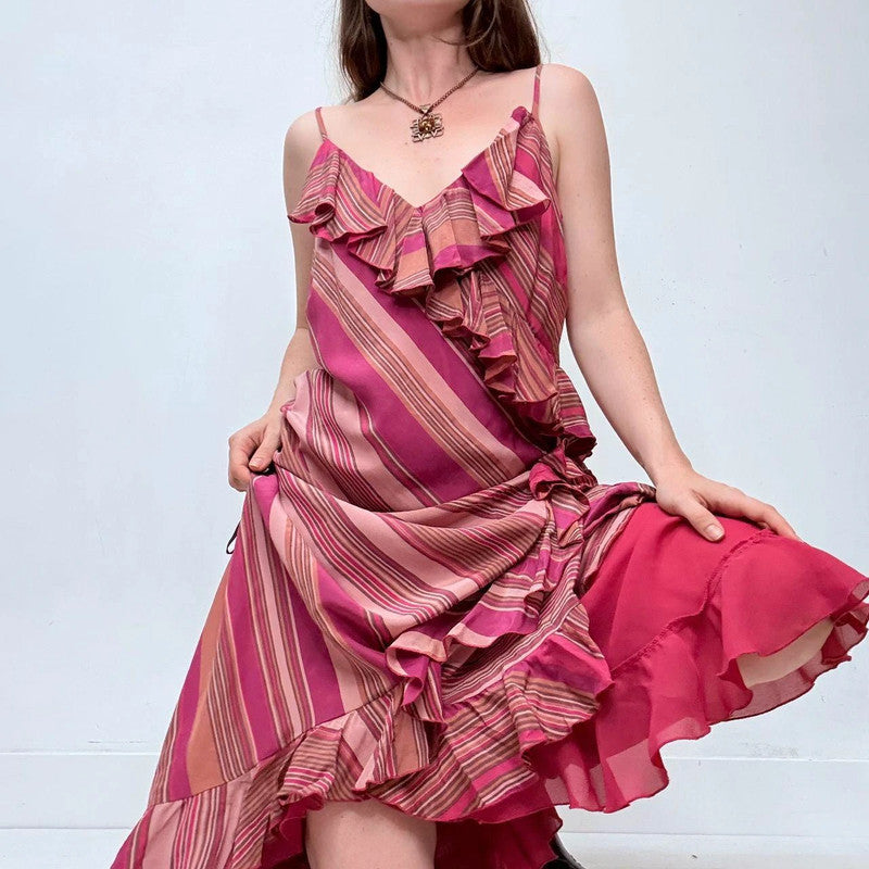 silk bias cut pinstripe silk maxi dress