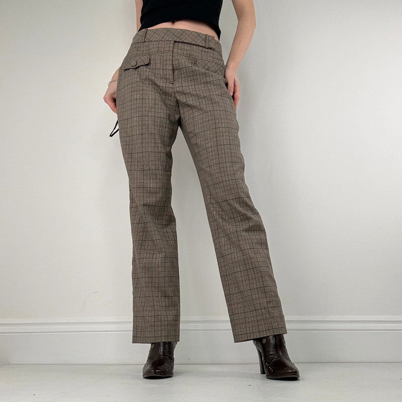 brown tartan checked wide leg suit pants