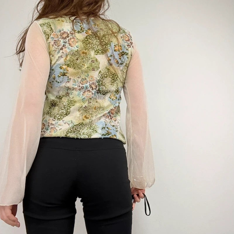 Mesh boho flare paisley print blouse t-shirt