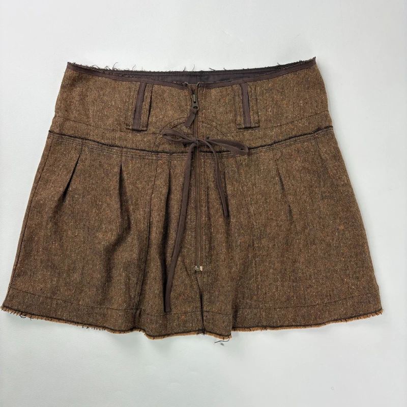 brown utility zip pleated midi skirt