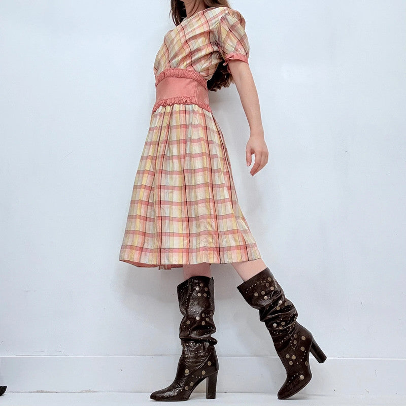 Antique preppy pink checked fitted flared pleated dress