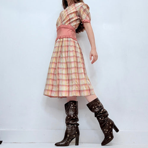 Antique preppy pink checked fitted flared pleated dress