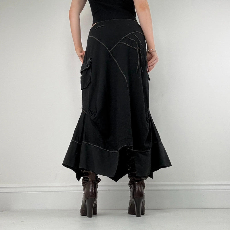 panelled patchwork asymmetric black midi skirt