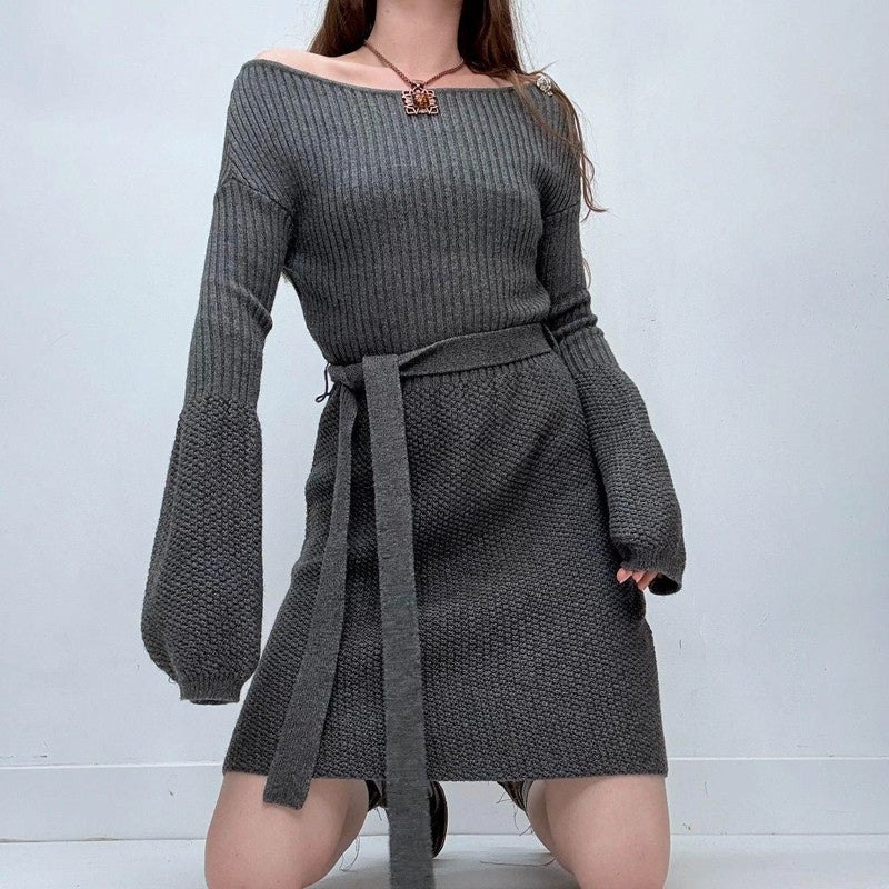 grey slash neck flared puff sleeve midi dress