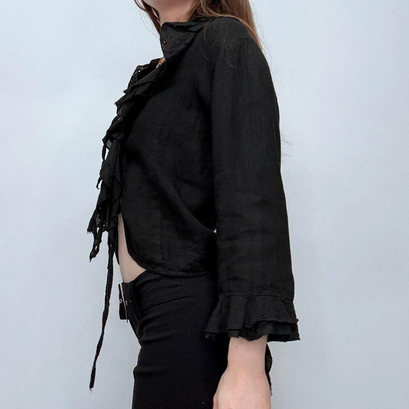 black ruffle linen flared tie up ruffle shirt
