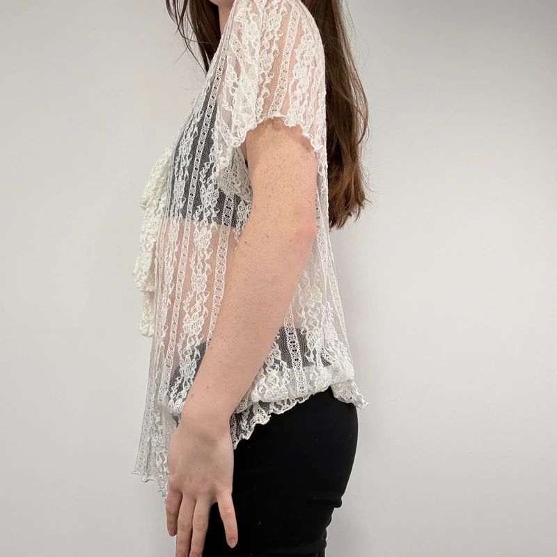 sheer cream lace floral mesh bow top