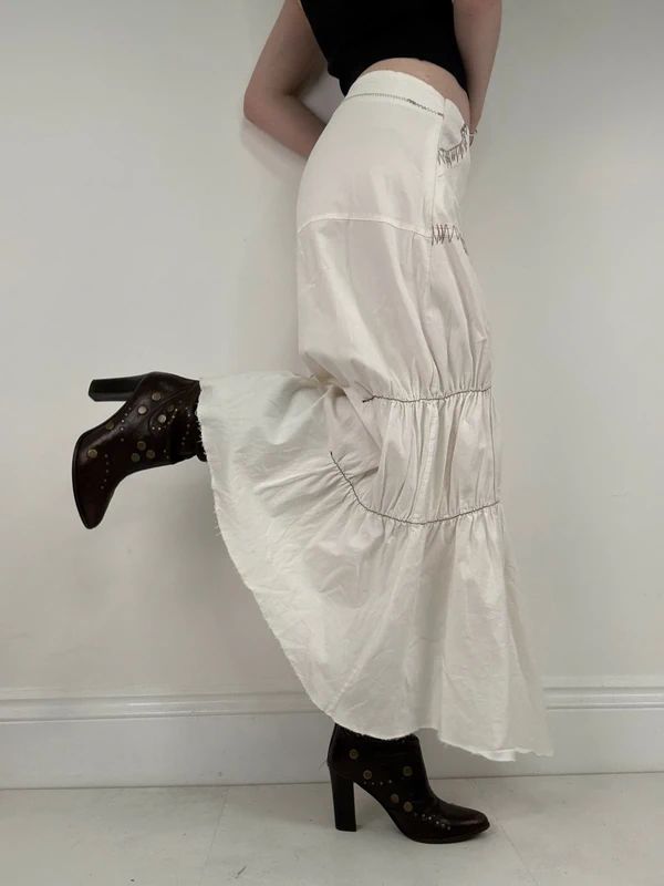 pleated white asymmetric flared maxi skirt